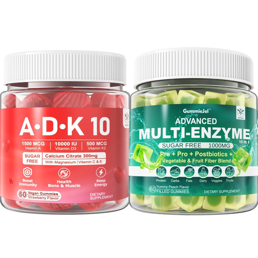 Digestieve enzymen Gummies 1000mg Kauwbaar - Break Down Food Snel, 90 miljard CFU, Probiotische, Postbiotische, Prebiotische & Fiber Blend & Vitamine ADK Gummies + Calcium Magnesium Zink Supplement