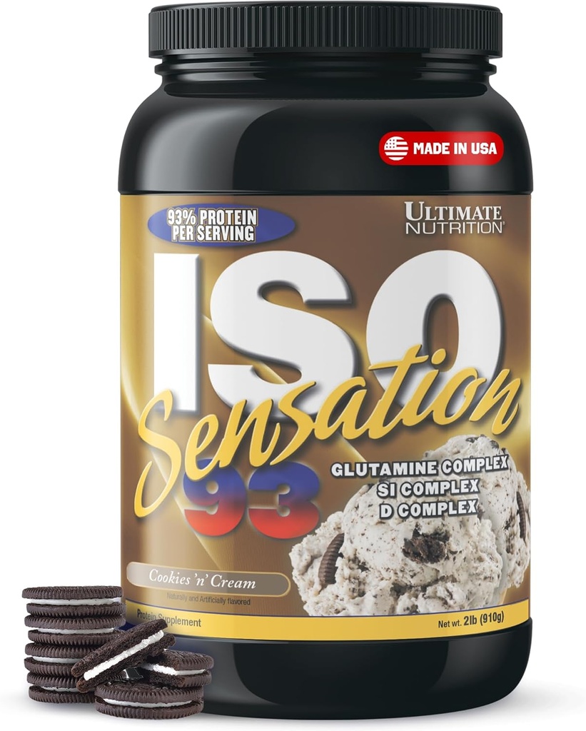 Nutrition Ultimate Poudre Isolée de Whey Protein avec Complexe Glutamine, ISO Sensation 93 - Poudre de Whey Protein avec le colostrum ajouté pour une récupération améliorée, l'immunité et la santé de Gut - Cookies N Crème, 2lbs