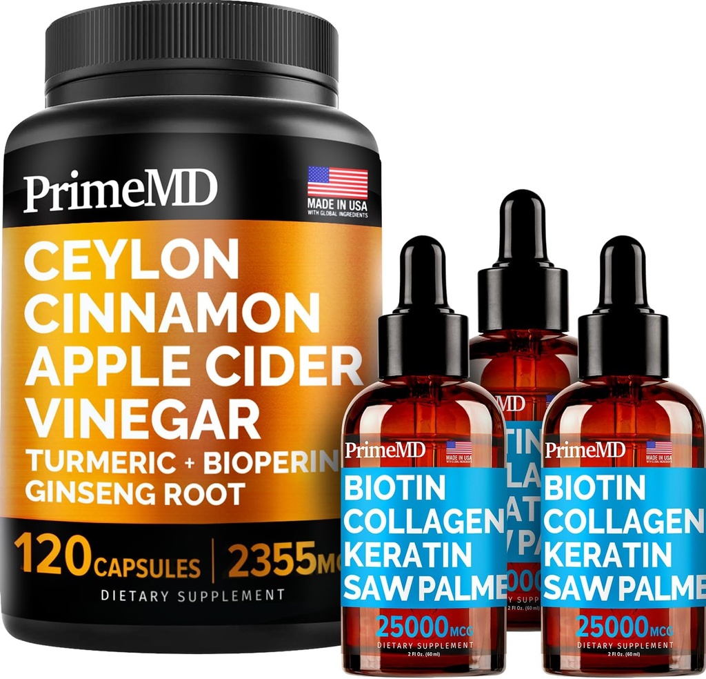 4-in-1 Liquid Biotin Collagen Keratin Saw Palmetto Drops (2 fl oz - 3 Pack) & 5-in-1 Ceylon Cinnamon w Turmeric & Ginseng Root (120ct) Bundle - Hair, Skin, Nails, & Immune Support Supplement