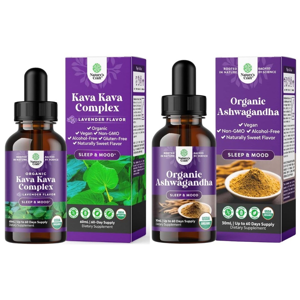 Bundle of Potent Liquid Kava Kava Drops Supplement met Kavalactonen voor betere slaap en USDA Biologische Ashwagandha Liquid Drops - Ashwagandha Root Extract voor stress en Mood Ondersteuning voor volwassenen