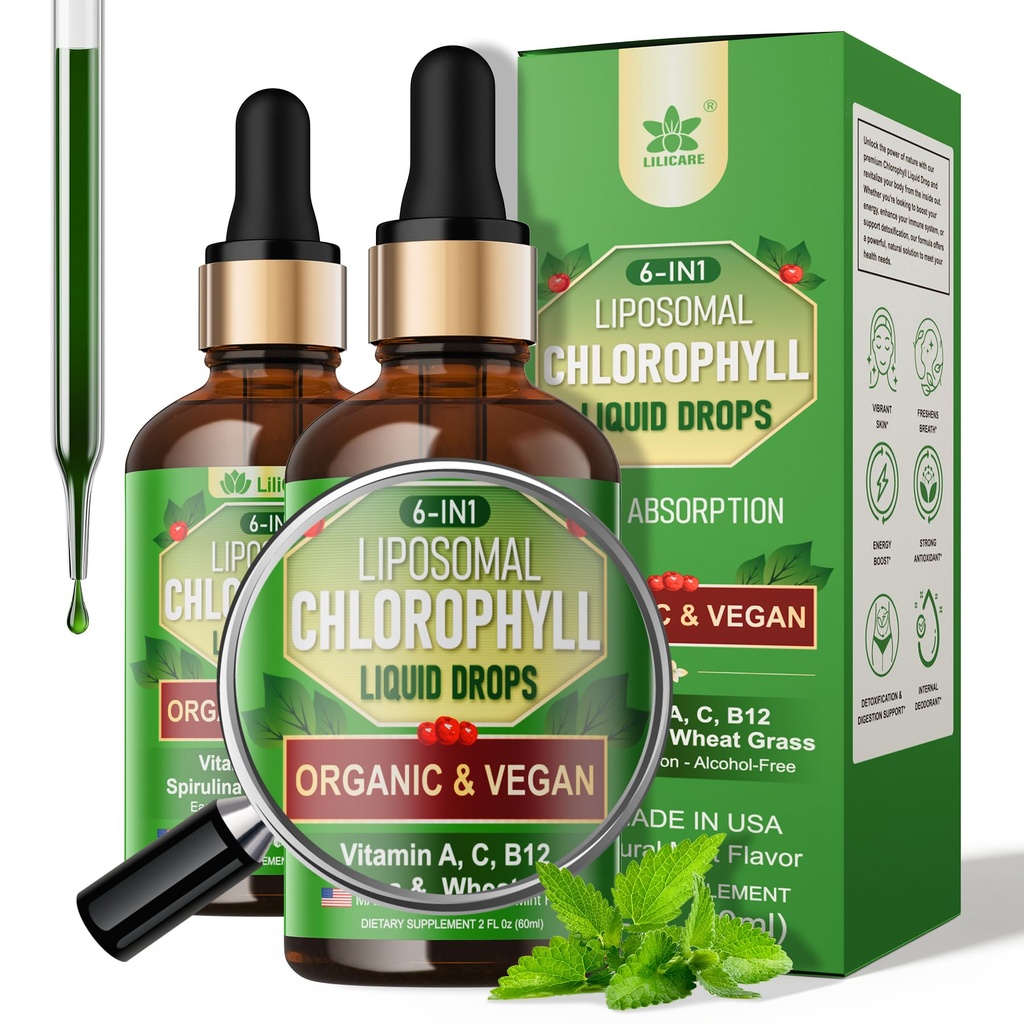 Bio Chlorophylle Liquid Drops Liposomale pour les femmes et les hommes, 6-en-1 Verts Superfood Vegan Chlorophylle w/Spirulina, Blé Grass, Vitamine C B12 A pour Déodorant Intérieur*, Énergie,Digestive,2Packs/4 Fl Oz