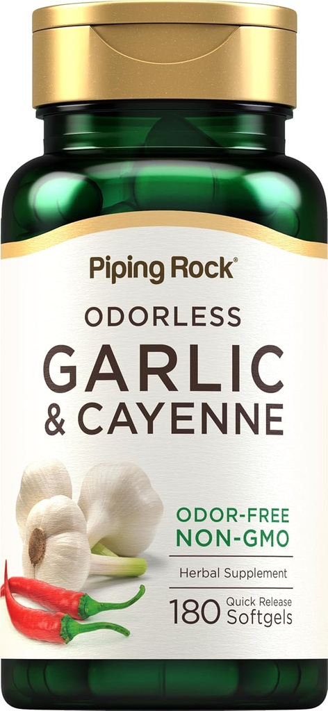 Piping Rock Odorless Knoflook Softgels 180 Softgels Supplement met Cayenne Extract Allium Sativum, Glutenvrij