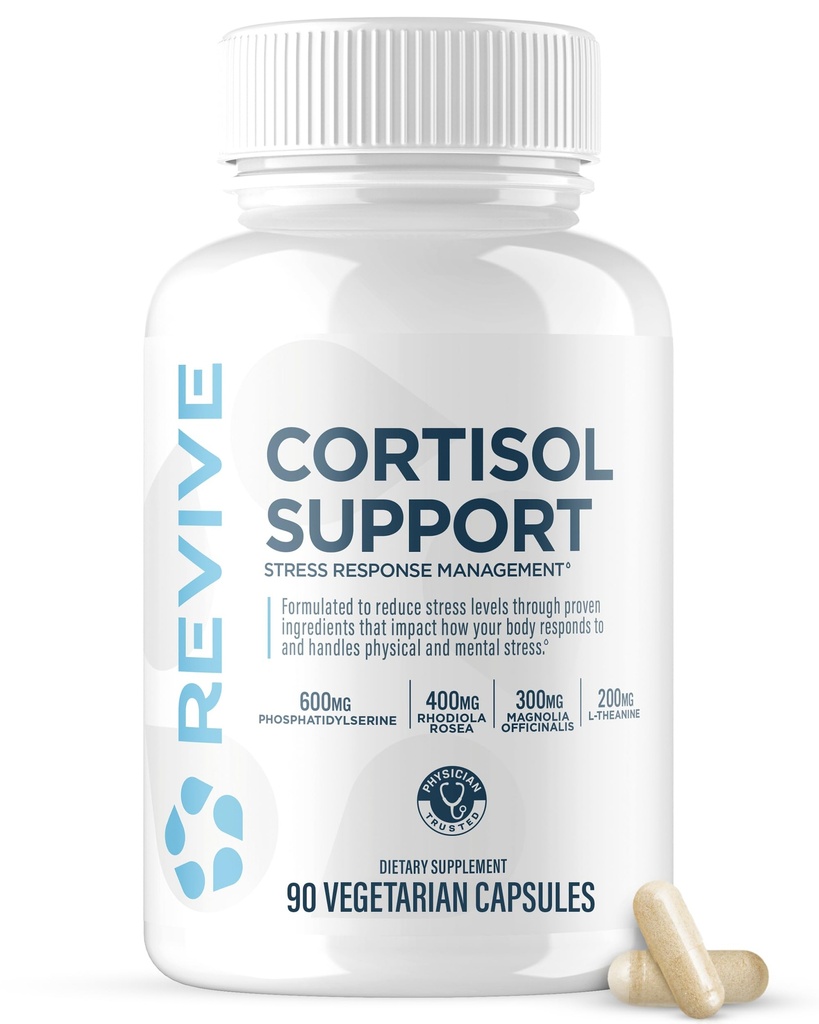 Revive MD Cortisol Manager, 90 Vegetarische Capsules - Cortisol Supplement met Magnesium & L-Theanine Ondersteuning Gezondheid, Focus, Energie, Moeheid, & Adrenal Gland Functie - Vegan & Glutenvrij