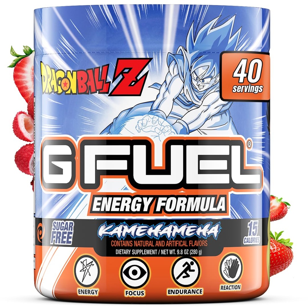 G Carburant Dragon Ball Z Energy Drink Poudre, Pré-entraînement Mélange de caféine pour le jeu, sans sucre Amino Focus, Vitamine + Antioxydants, 9,8 oz (Lyche aux mûres, 40 portions)