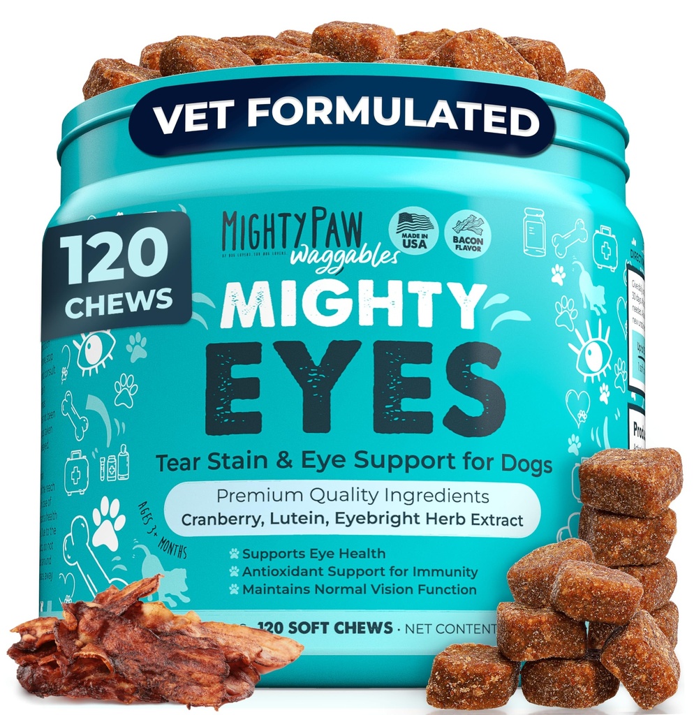 Mighty Paw Waggables Eyes (Fabriqué aux États-Unis) Lubrifiant les yeux, support immunitaire (120 Ct)