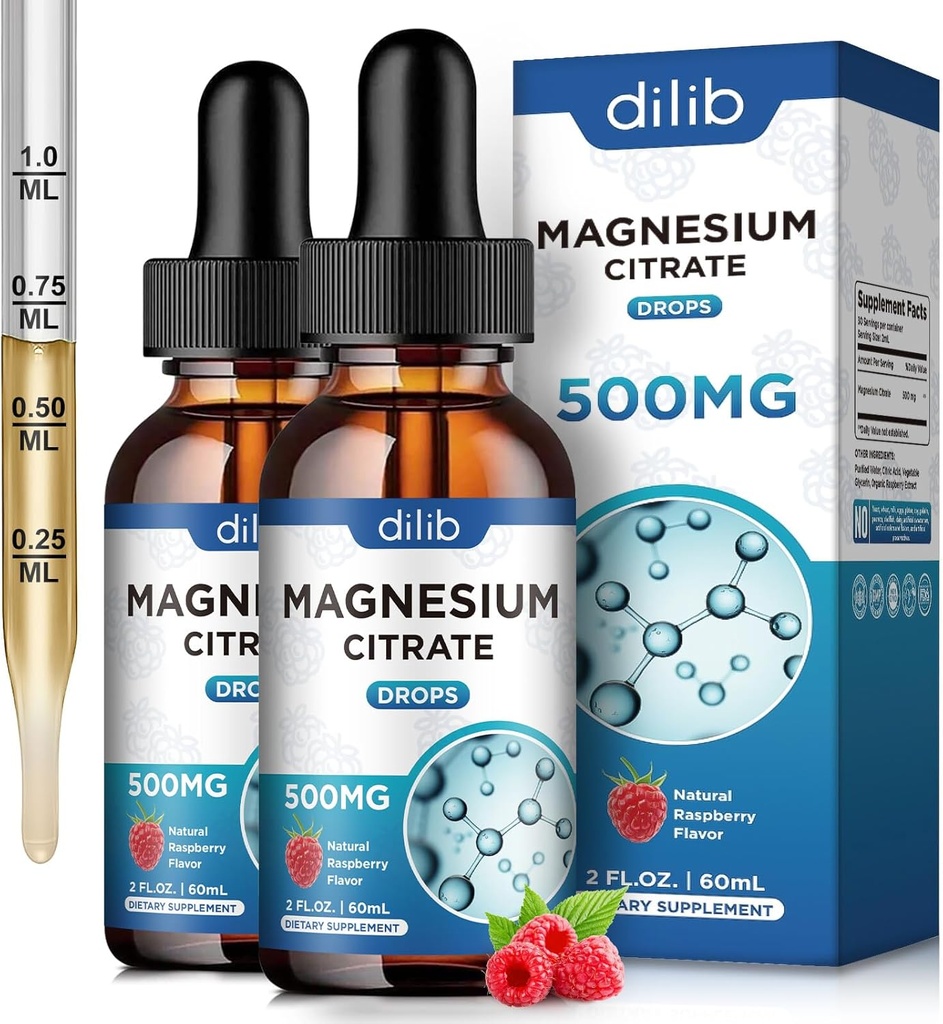 (2 Pack) Magnesium Citrate Liquid Magnesium Drops Supplement 500mg-Support Stress Relief, Bot, Spier, Mood, Slaap-4 Fl Oz, Vegan, Raspberry Flavor