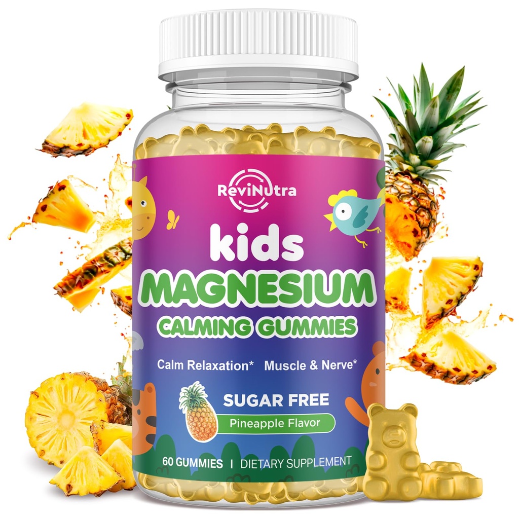 Kids Magnesium Gummies, Magnesium Glycinate Gummies for Kids & Adults with L-Theanine, Chamomile, Licorice, Vitamin D, B6 for Sleep, Relaxation, Brain & Muscle, Sugar Free Pineapple 60ct