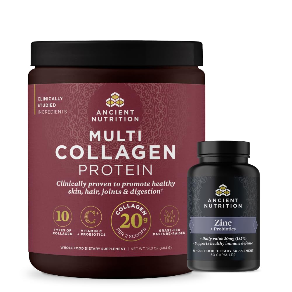 Oude Voeding Zink Capsules, 30 Tel + Multi Collageen Proteïne Poeder, Unflavored, 40 Servers