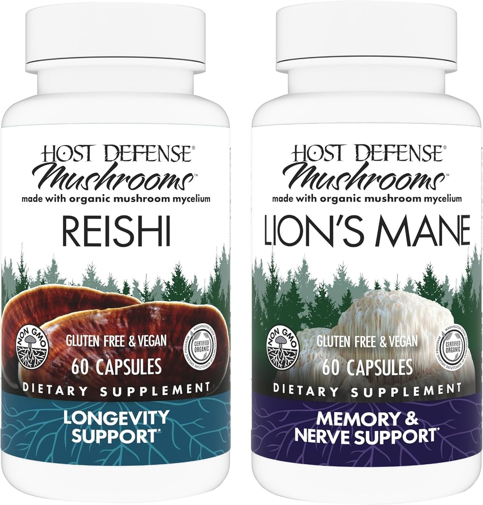 Host Defense Bundle with Reishi Capsules, 60 Count & Lion's Mane Capsules, 60 Count - Support Heart & Immune Health - Support Brain Health, Memory & Focus