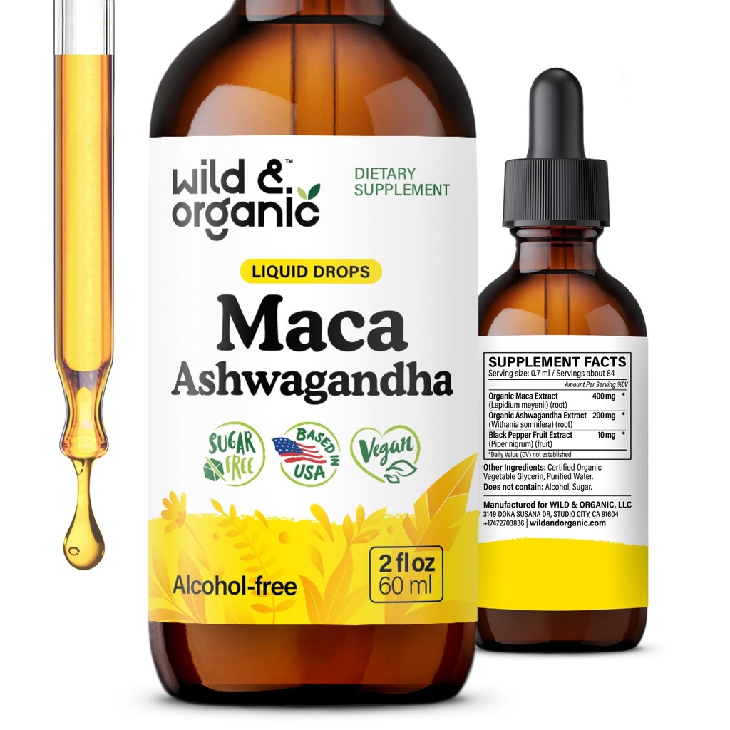 Wild & Organic Maca Ashwagandha gouttes pour les hommes et les femmes - racine de la maca péruvienne et la teinture d'Ashwagandha pour le soutien global - Vegan, sucre et sans alcool - 2 fl oz