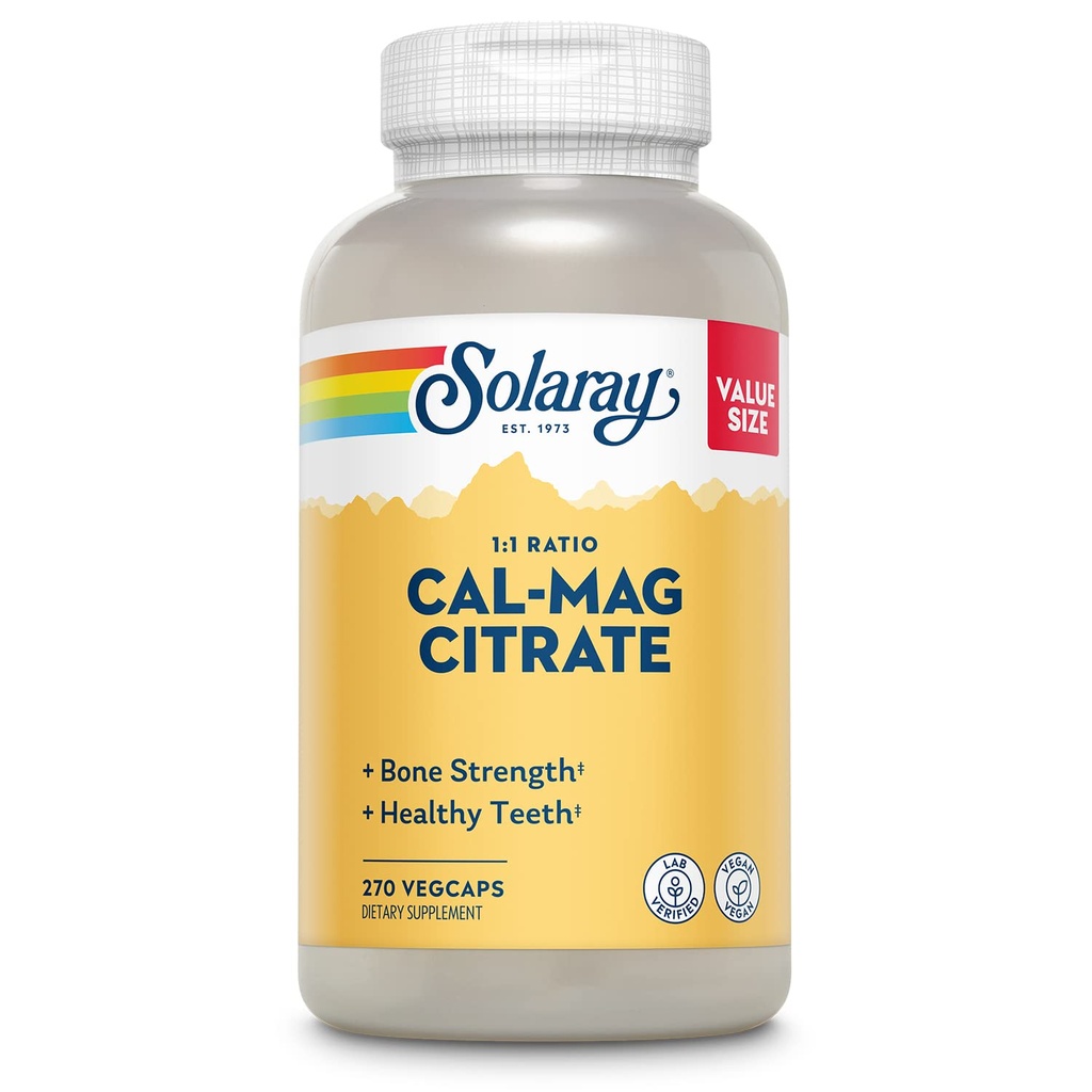 Solaray Calcium Magnesium Citrate 1000mg 1:1 Ratio, Bone Strength Supplement, Spier, Zenuw en Bone Health Support, Chelated voor hoge absorptie, 60-dagen garantie, 45 porties, 270 VegCaps