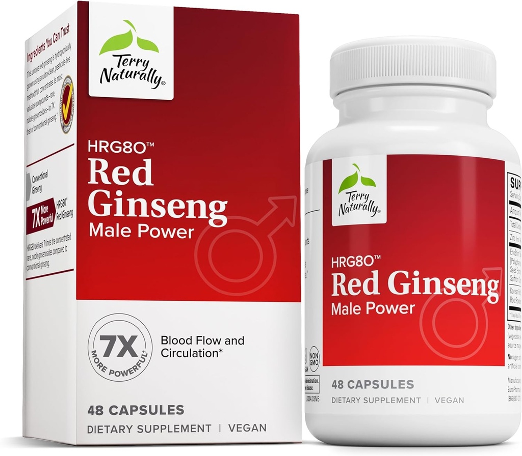 Terry natuurlijk HRG80 Red Ginseng Man Power - Blood Circulation & Endurance Support Supplement - Dieetsupplement met Ginseng & Zink - Herbal Supplement voor energie-ondersteuning - 48 capsules