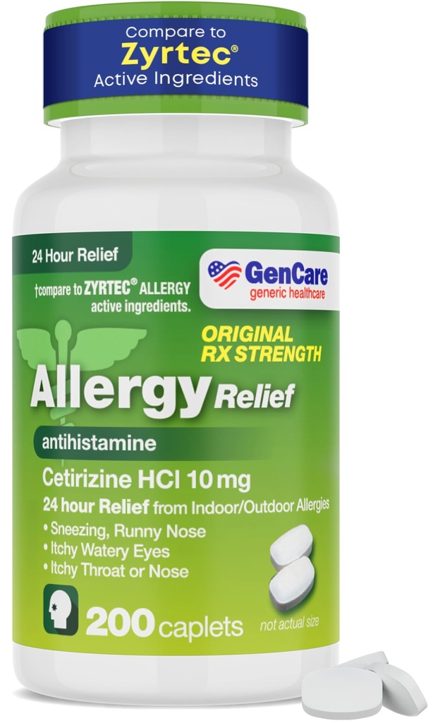GenCare - Cetirizine HCL 10 mg (200 caplets) - 24 uur Allergie Relief Pillen - Non Drowsy Generic OTC Allergie Medicatie - Antihistamine Medicine for Sneezing, Runny Nose & Itchy Eyes - Generieke Zyrtec