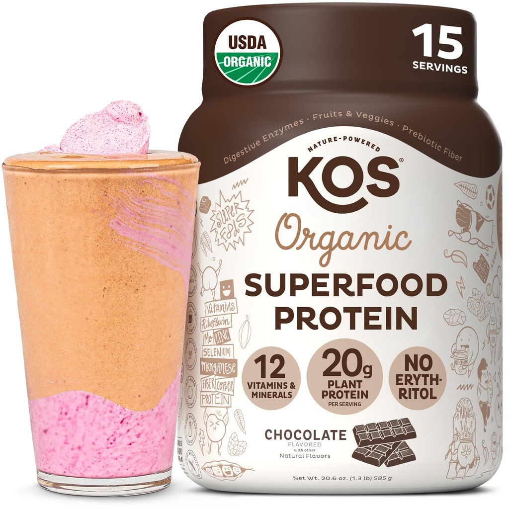KOS à base végétale poudre de protéines, chocolat USDA bio - faible teneur en glucides mélange de protéines de pois, vegan superfood avec des vitamines et minéraux - Keto, soja, sans lait - repas de remplacement pour les femmes et les hommes - 15 portions