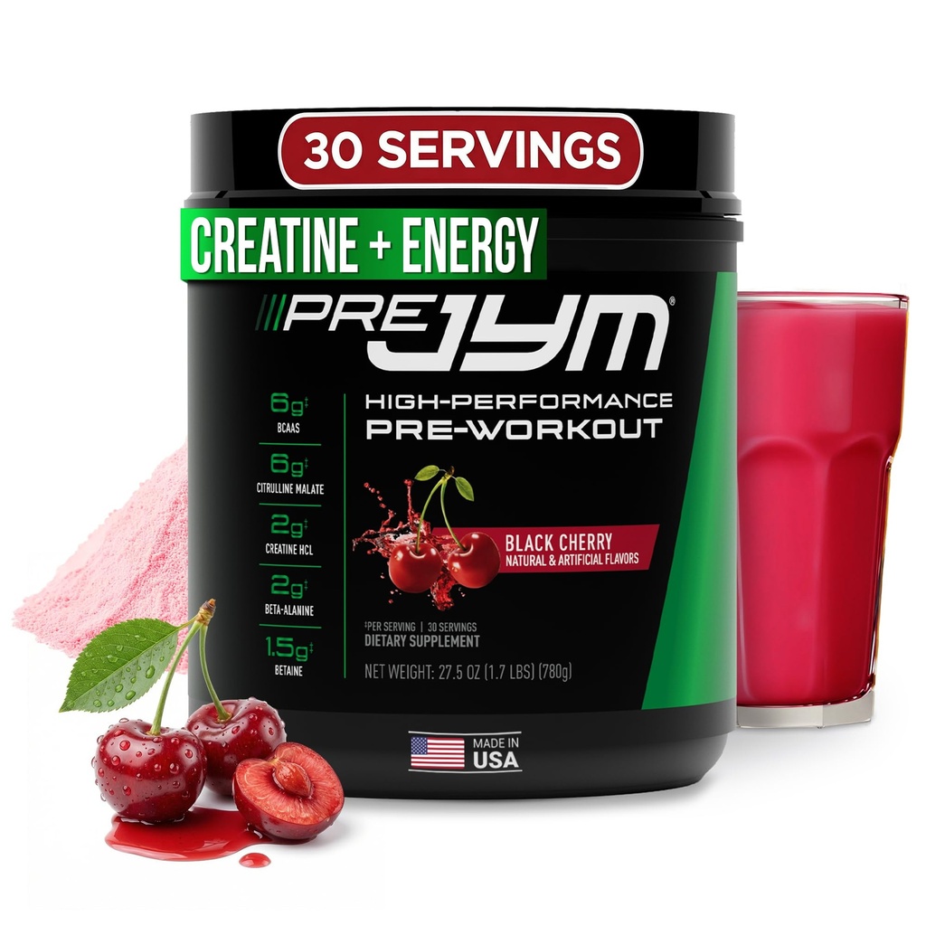 JYM Supplement Science Pre JYM Black Cherry Pre Workout Powder voor mannen & vrouwen, BCAA's, Nootropics, Creatine HCI, Citrulline, Beta-Alanine, Betaine, Taurine, Huperzine, 30 Servers