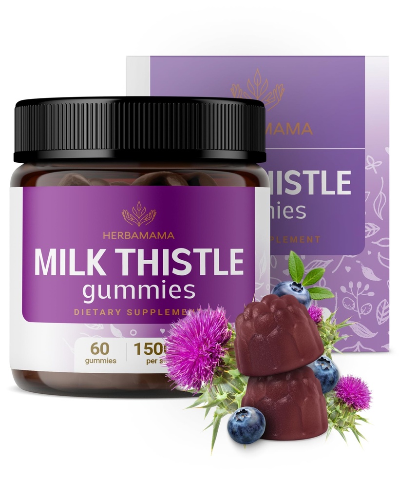 HERBAMAMA Lait Thistle Supplément - 1500mg Lait Thistle Semence Gummies pour le nettoyage du foie - Vegan, non-OGM Liver Support avec Silybum Marianum - 60 Pectines à base de bleuets aromatisées