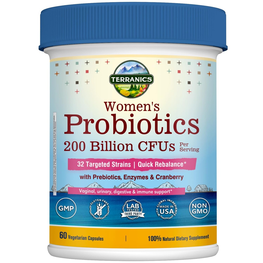 Terranics Probiotiques quotidiens pour les femmes, 200 milliards 32 souches Probiotiques pour les femmes, avec canneberges, prébiotiques et enzymes, rééquilibrer la flore vaginale et le pH, libération retardée, étagère stable, 60 capsules véganes