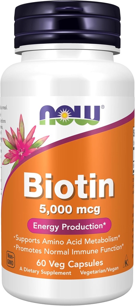 NOW Foods Supplementen, Biotine 5.000 mcg, Aminozuur Metabolisme*, Energieproductie*, 60 Veg Capsules