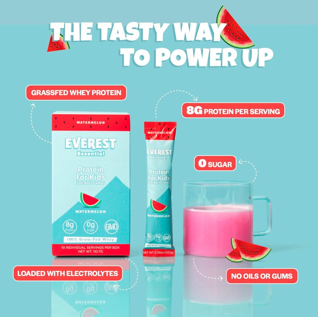 Everest Essential, Kid's Clear Whey Protein Powder (Watermelon, 10 Packets) Protein Drink Mix voor kinderen, Elektrolyten voor kinderen, 8g Protein Per Serving, Niet GGO, Zero Added Sugar