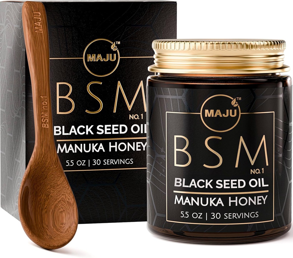 MAJU's 3-in-1 Black Seed Oil, Manuka Honey & Seeds (Traditional Style) BSM nr. 1, Sweet & Crunchy Herbal Blend, Nigella Sativa Oil and Seeds, Unpasteurized & Raw Monofloral Manuka Honey Nieuw-Zeeland