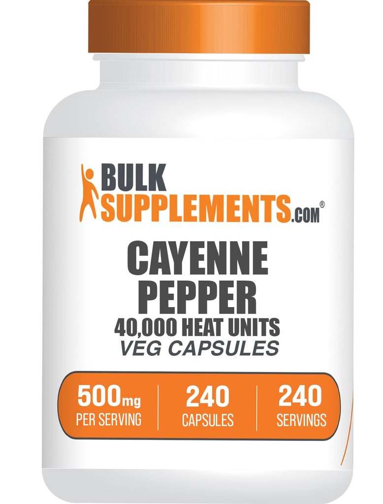 BulkSupplements.com Cayenne Pepper Capsules - Cayenne Pepper 40000 HU, Suppléments Capsaicin, Suppléments Cayenne Pepper - Sans gluten, 1 Capsule par portion, 240 Capsules de légumes (paquet de 1)
