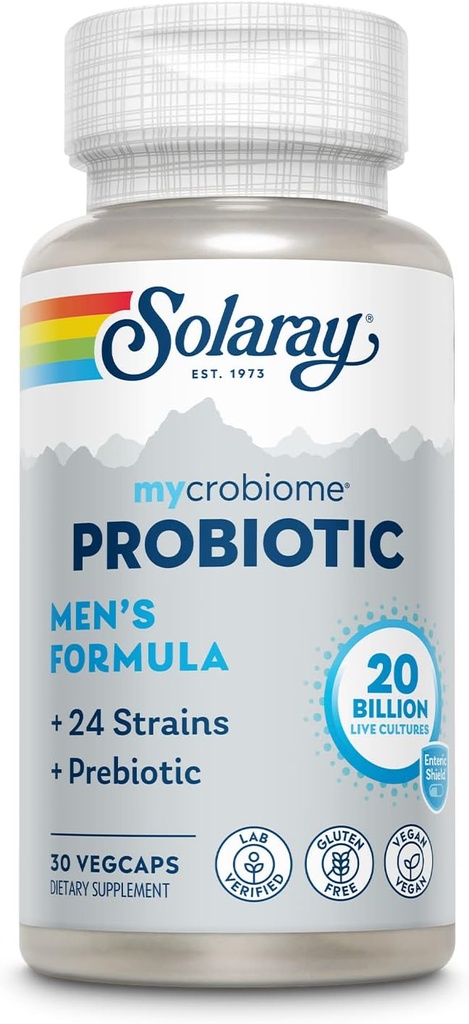 SOLARAY Mycrobiome Probiotic mannen, Probiotica voor mannen, Gut Health, Digestie, Immuunfunctie & Meer, 20 miljard CFU Heren Probiotic, 24 Strains Plus Prebiotic, 30 Servings, 30 VegCaps