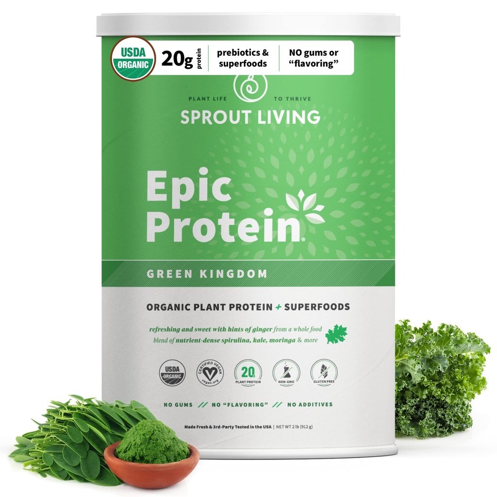 Sprout Living Epic Protein, Plant Based Protein & Superfoods Powder, Green Kingdom 