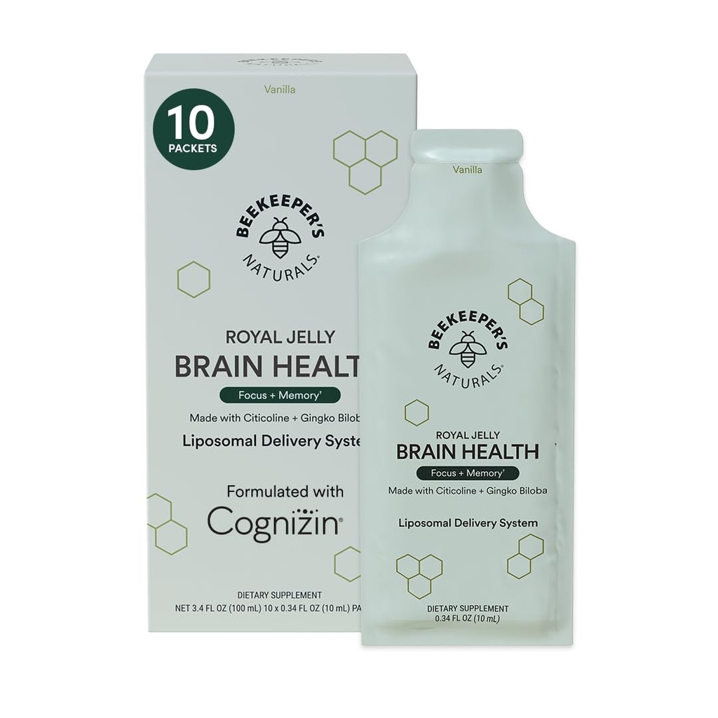 Supplément Cerveau Nootrope par Beekeeper's Naturals, 500 mg de Citocoline, Ginkgo Biloba, Bacopa Monnieri & Royal Jelly, soutient Focus & Memory, Easy Absorption, Plus a Tasty Vanilla Flavor, 10ct