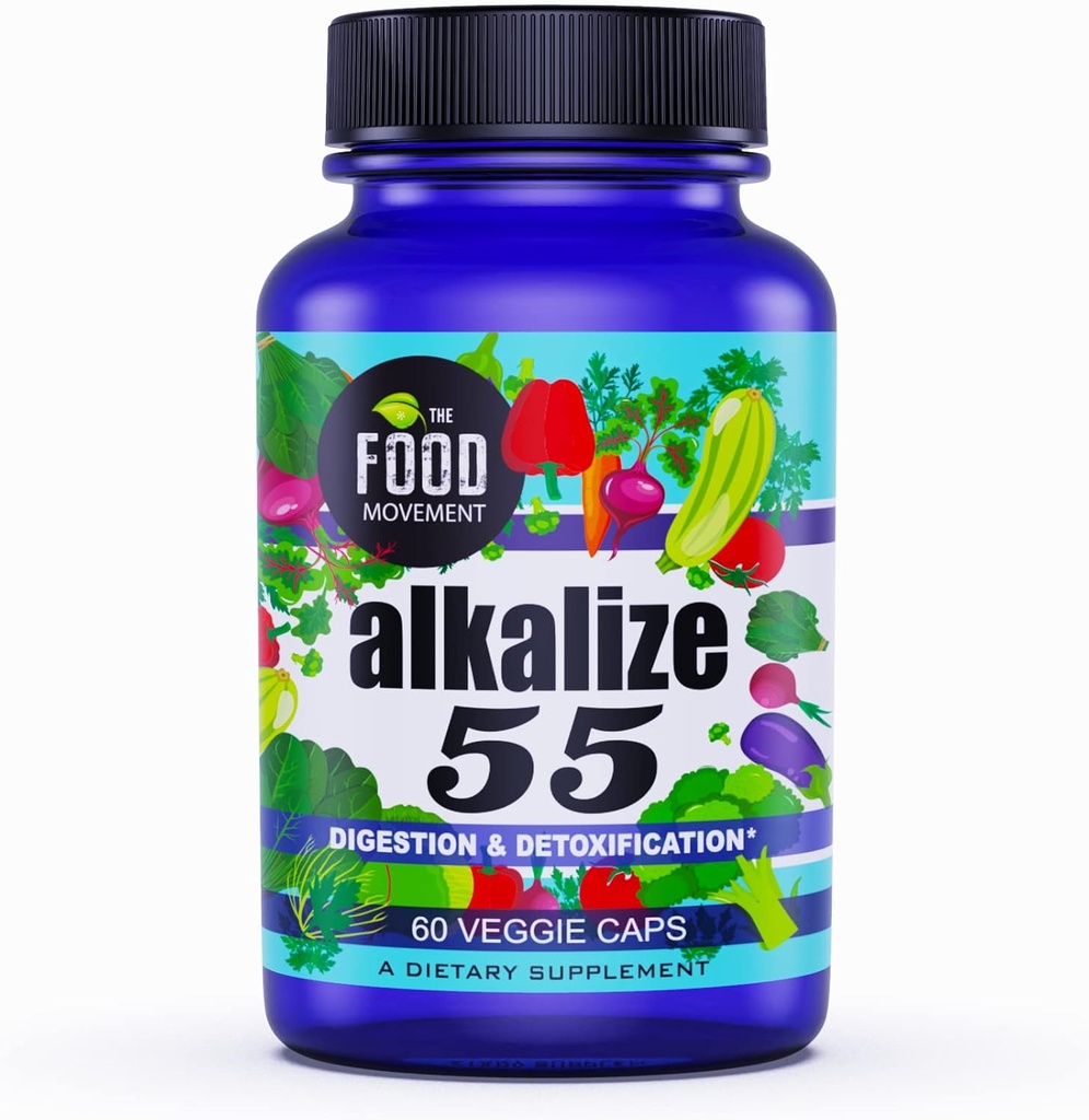 Le mouvement alimentaire - Alcaliniser 55, 55 aliments fermentés avec la Terre Noire Humic Fulvic Trace Minerals, Electrolytes, pH Balance, Immune Boosting, Vegan - 60 capsules Veggie