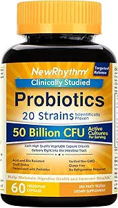 NouveauRhythme Probiotiques 50 Million CFU 20 souches, 60 capsules de légumes, technologie de libération ciblée, résistant à l'acide estomac, pas besoin de réfrigération, non-OGM, sans gluten (paquet de 2)