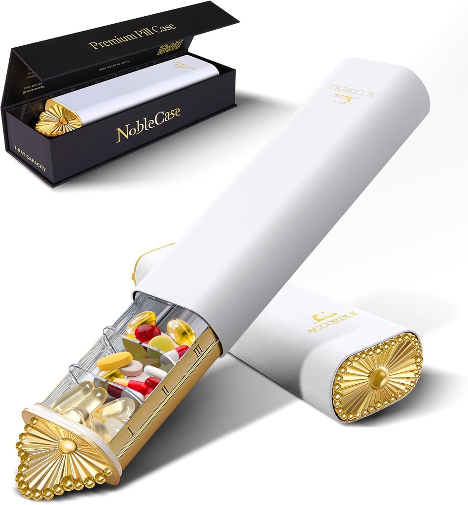 Premium Weekly Pill Organizer, 7-Dag Compact Pill Case voor Purse, lichtgewicht Gold Aluminium Pill Box voor Vitaminen, Geneeskunde, Supplementen, Luxe Wellness Cadeau