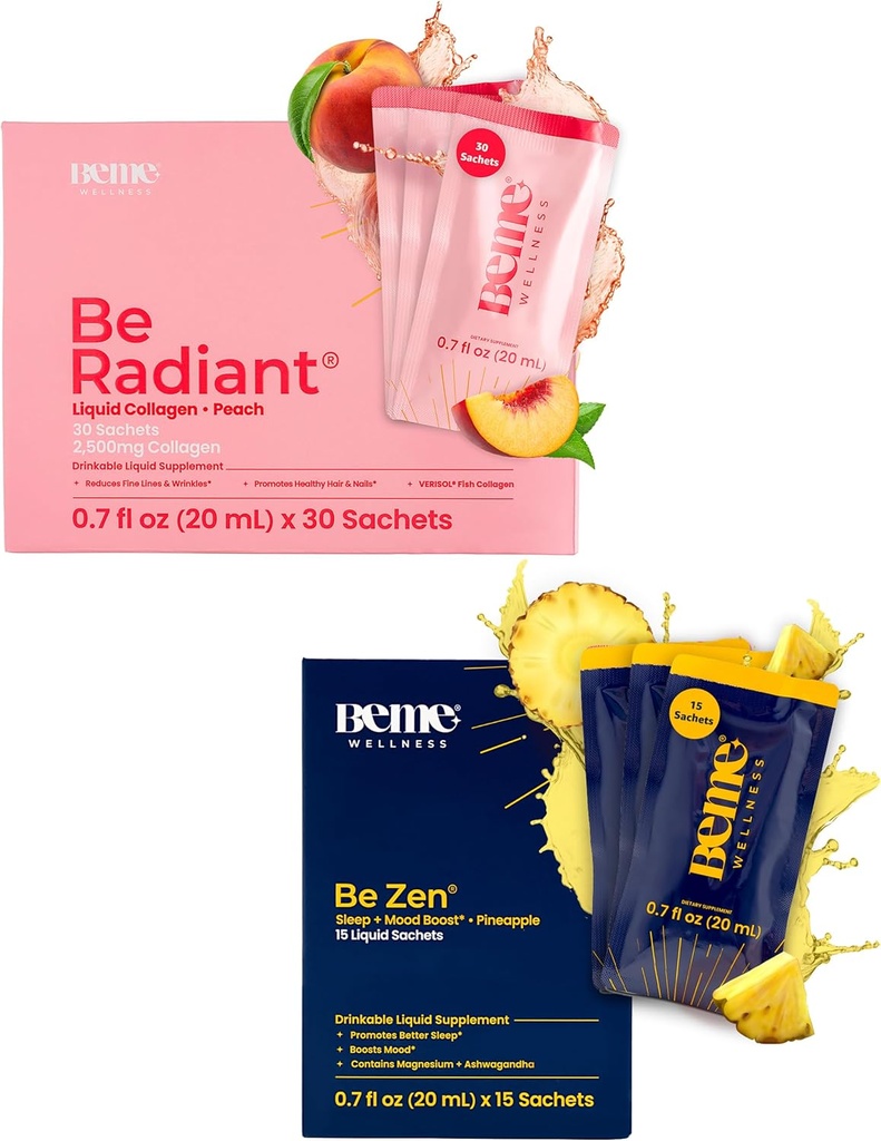 BeMe BeRadiant Peach & BeZen Bundle - Liquid Collageen & Magnesium Glycinate L-Theanine Supplementen
