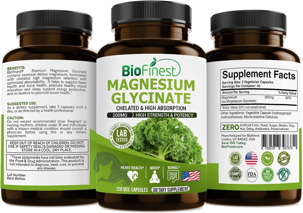Biofinest Chelated Magnesium Glycinate 200mg Supplement - Gezond hart Bowel Beweging Immune Energy Metabolisme Slaap Mood - Made in USA (120 Capsules)