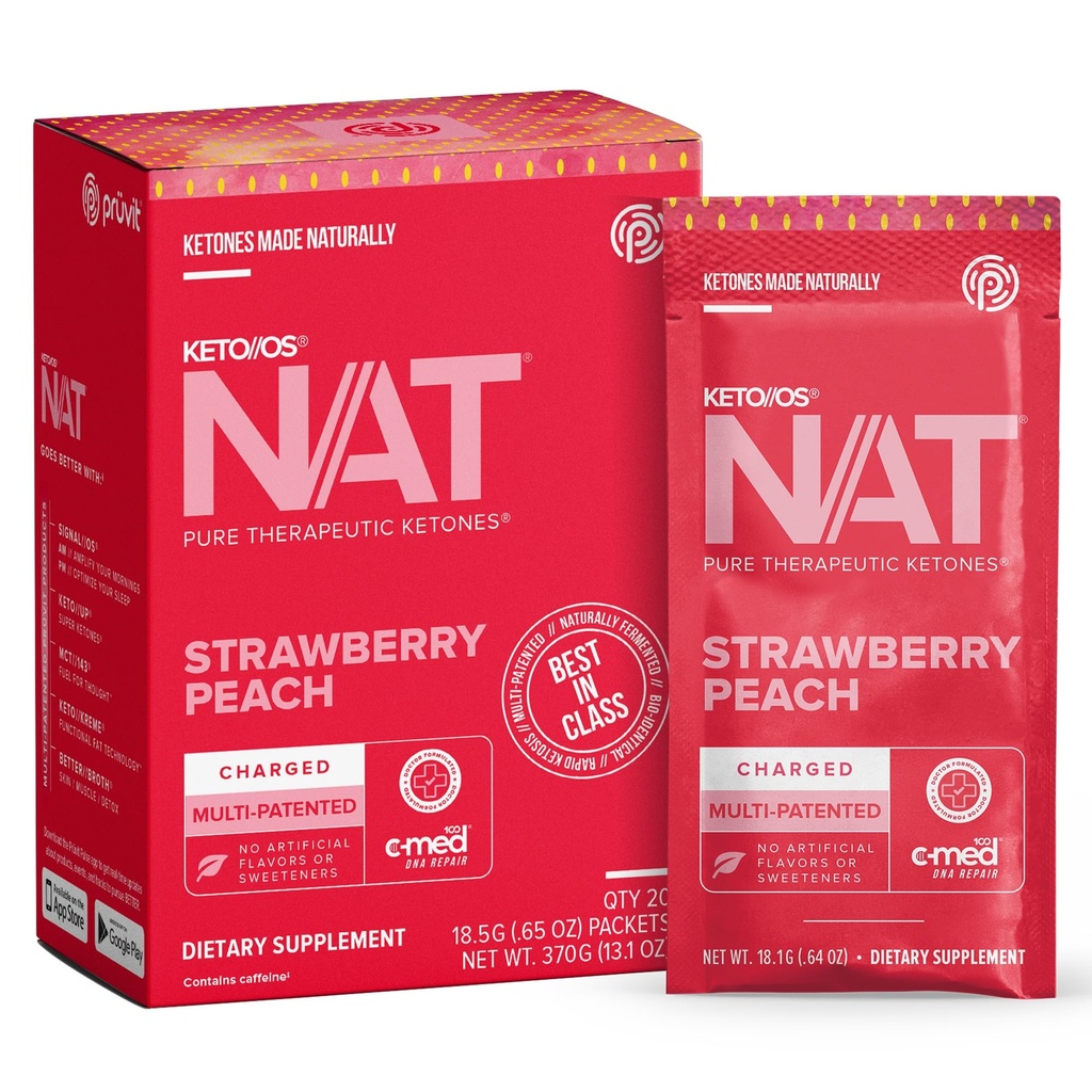 Pruvit - Keto//OS NAT - Mélange de boissons facturées aux fraises avec C-Med 100, L-Taurine, Vitamines B6 & B12, supplément de cétone - 18,5g