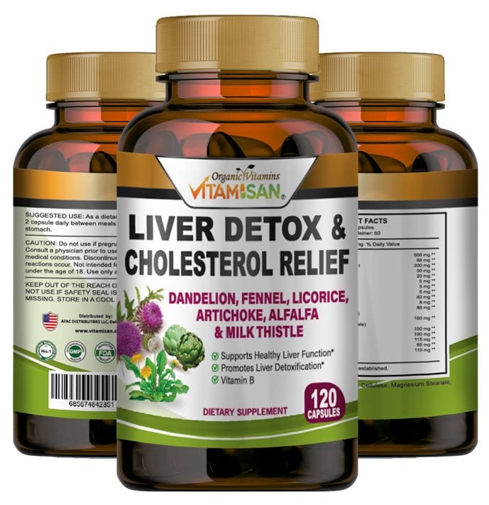 VITAMISAN Lever Reiniging Ontgiftingssupplementen met melk distel-Fennel-Alfalfa-Vitamine B-Artichoke-Dandelion Root Support Mannen & Women 120 Caps Detox Cleanse & Boost Immune