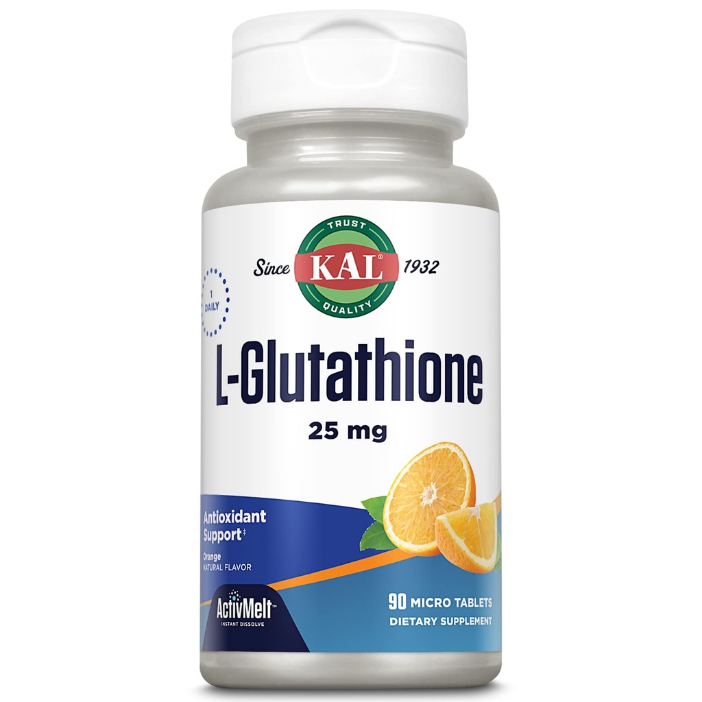 KAL L-Glutathione, Verminderd Glutathion Supplement, Hoge Absorptie Antioxidant, Oranje smaak Instant Solution ActivMelt, Vegetarisch, Lab geverifieerd, 90 Servers, 90 Micro Tablets