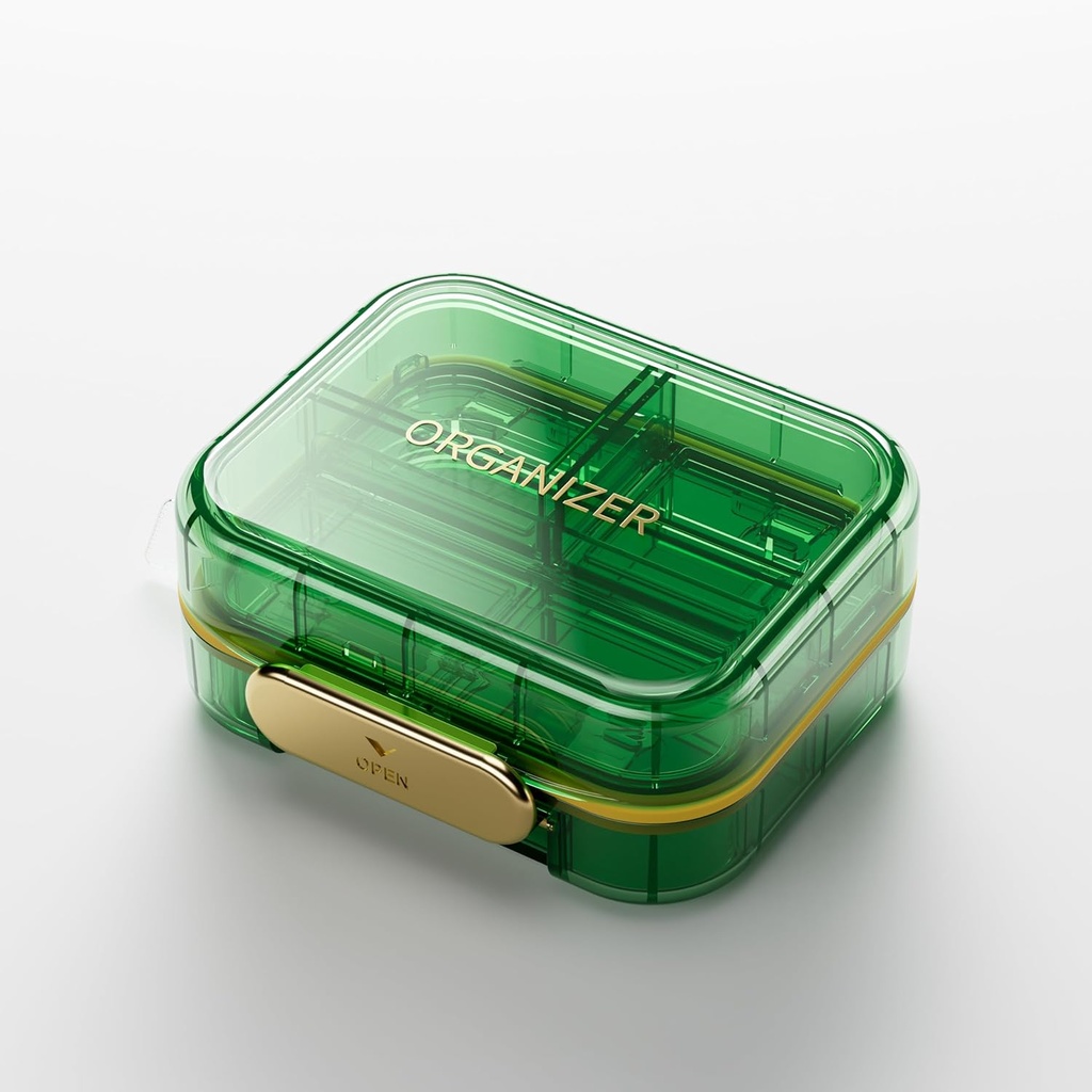 Bexeen Stijlvolle Daily Pill Organizer - Travel Box Small Holder 7 Compartments Leuke Vitamine Case Portable Medicine Pocket Pharmacy Supplement Container voor Purse Medication Dispenser Kit, Groen