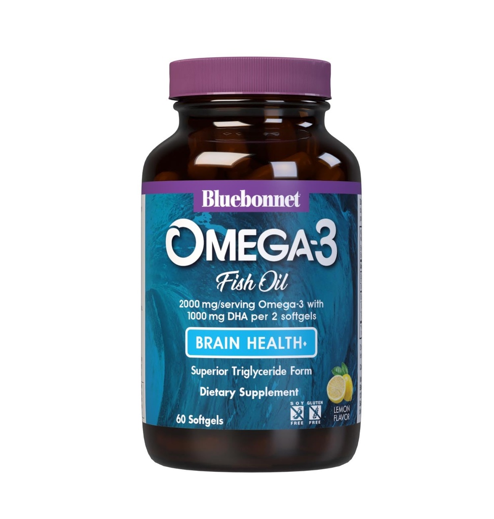 Bluebonnet Nutrition Omega-3 Cerveau formule naturelle prise sauvage Triglycéride Forme DHA 860 mg EPA 120 mg - Supplément de soutien à la santé cognitive et au mieux-être hautement concentré - Sans gluten - 60 softgels