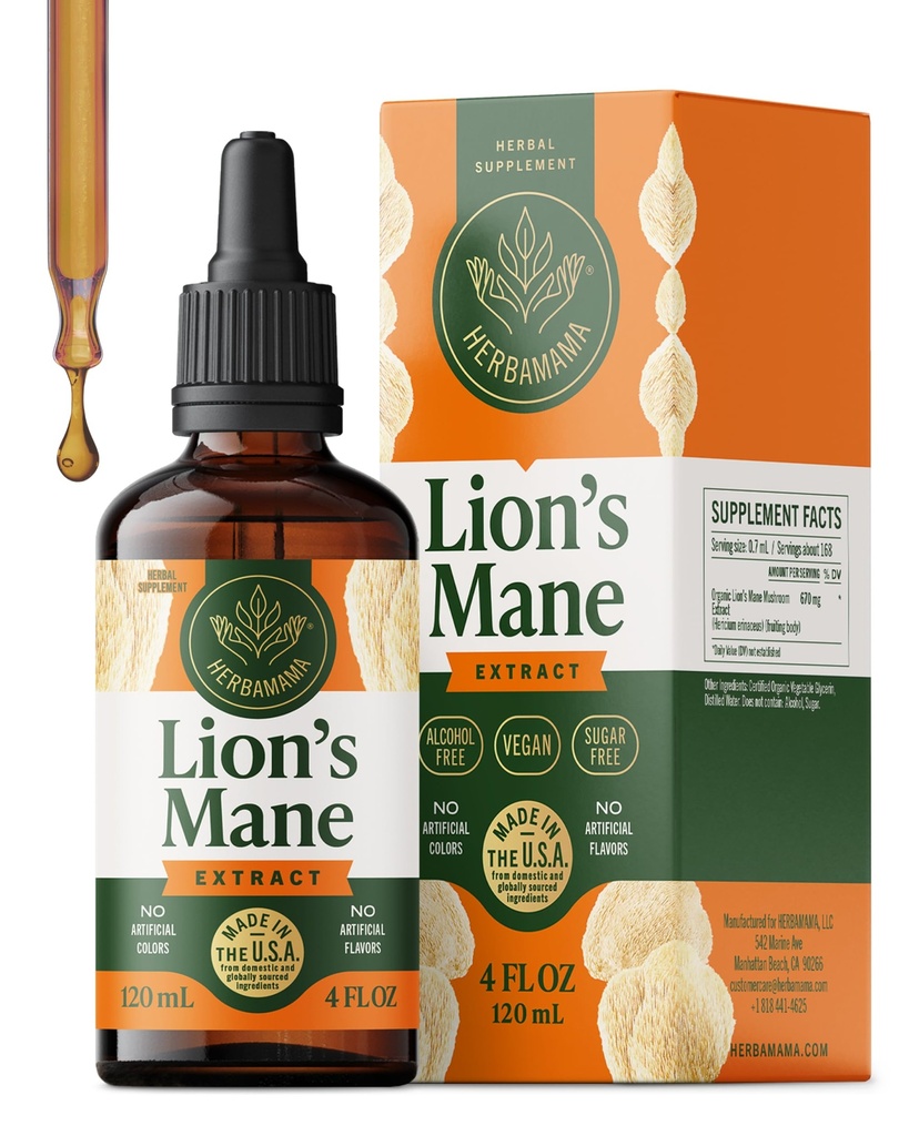 HERBAMAMA Lions Mane Tinctuur - Vegan Focus & nerve Ondersteuning met Lion's Mane Mushroom Extract - Hericium Erinaceus Brain Support Supplement - Non-GMO, Alcohol & Sugar-Free - 84-Day Supply