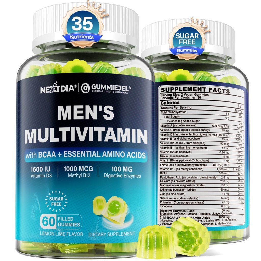 Gemethyleerde multivitamine voor mannen Gummies, BCAA Aminozuren, Zink, Dagelijkse Vitamine A C D3 E K2 B Complex, Calcium, Magnesium, Lycopeen, Digestieve Enzymen - Energie, Immune, Spier- Suikervrij, Veganistisch, 60Cts