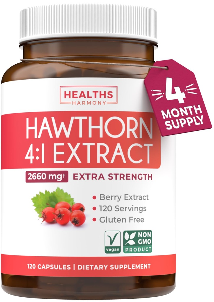 Super Potent Hawthorn Berry Extract Capsules - Hawthorn Berry Supplément fabriqué à partir de concentré de force supplémentaire pour soutenir la santé cardiaque et digestive - Vegan Non-OGM et sans gluten (4 mois d'approvisionnement)