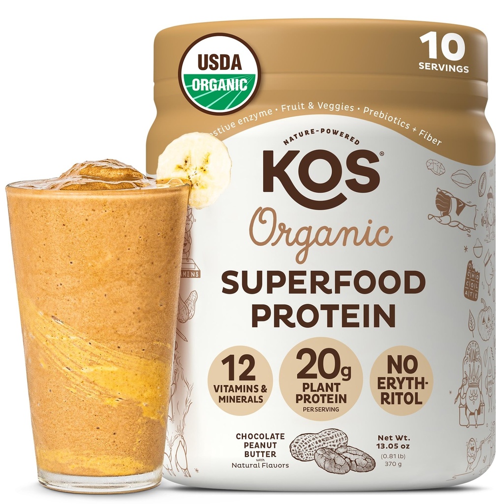 KOS Vegan Protein Powder, Chocolate Peanut Butter - Low Carb Pea Protein Blend, USDA Organic Superfood with Vitamins & Minerals - Keto, Soy, Dairy Free - Maaltijdenvervanging voor vrouwen & mannen - 10 Servers