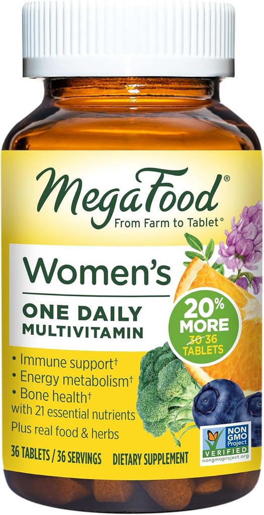 MegaFood Womens Multivitamine One Daily - Multivitamine voor vrouwen - Vitamine C, Vitamine D, IJzer & B Vitaminen - Bot, Energie Metabolisme & Immuun Ondersteuning - Vegetarisch, Glutenvrij - 36 tabletten, 36 porties