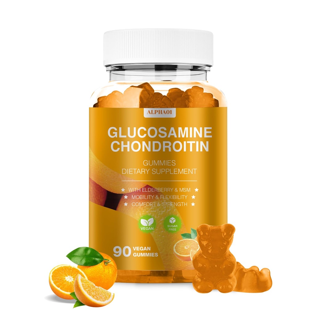 Glucosamine Chondroïtine Gommies - Supplément de soutien mixte extra-fort de 3000MG avec MSM & Elderberry, Flexibilité, Antioxydant Immune Gommy Support pour adultes, hommes et femmes - 90 Gommies Orange