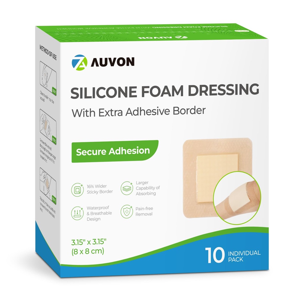 AUDON Siliconen schuim Dressing met grote kleefrand, 3" x 3" 10 verpakkingen Wond Dressing Bandage met hoge absorptie, waterdichte Siliconen Foam Pads voor Wound Care & Protection Plus Kussen