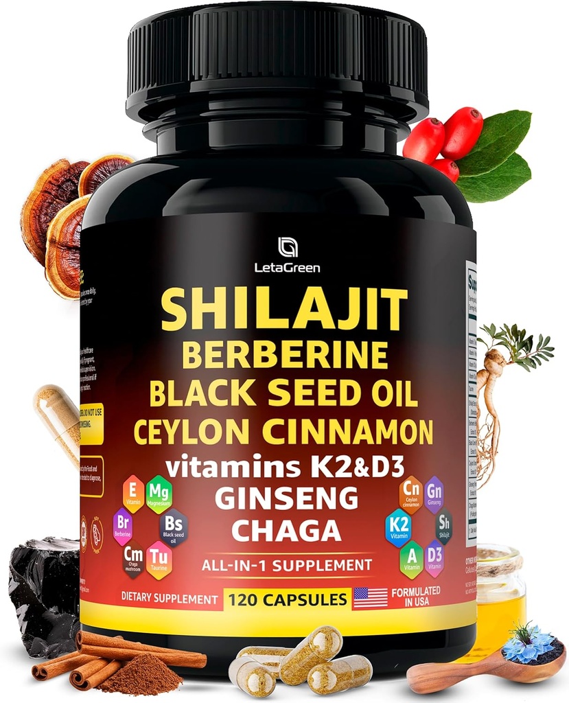 Capsules de Shilajit Himalayan bio à l'huile de graines noires Berberine Cinnamon Ginseng Chaga & Taurine & Vitamine A, E, D3, K2 (120 Nombre) - All-in-1 Acide fulvic Shilajit pour hommes et femmes