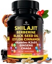 Capsules de Shilajit Himalayan bio à l'huile de graines noires Berberine Cinnamon Ginseng Chaga & Taurine & Vitamine A, E, D3, K2 (120 Nombre) - All-in-1 Acide fulvic Shilajit pour hommes et femmes