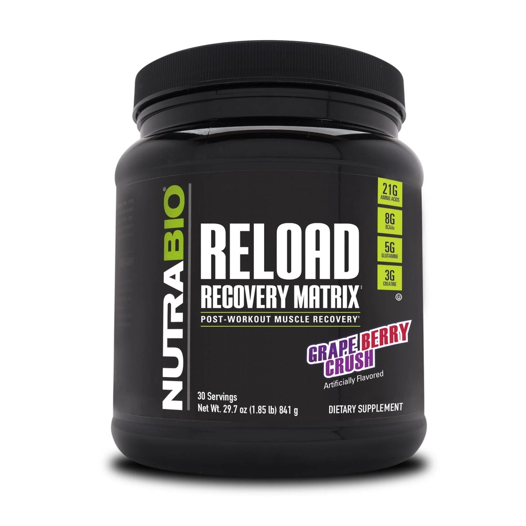 NutraBio Herladen - Krachtige spierherstel Formule - Post-workout supplement - 3G Creatine - 8G BCAA's - 5G Glutamine - 30 Servings, Grape Berry Crush