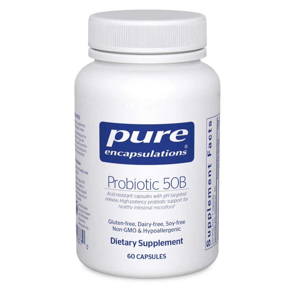 Encapsulations pures Probiotique 50B - Probiotique digestif pour la santé - Supplément immunitaire* - Capsules résistantes aux acides - Sans gluten et sans OGM - 60 Capsules