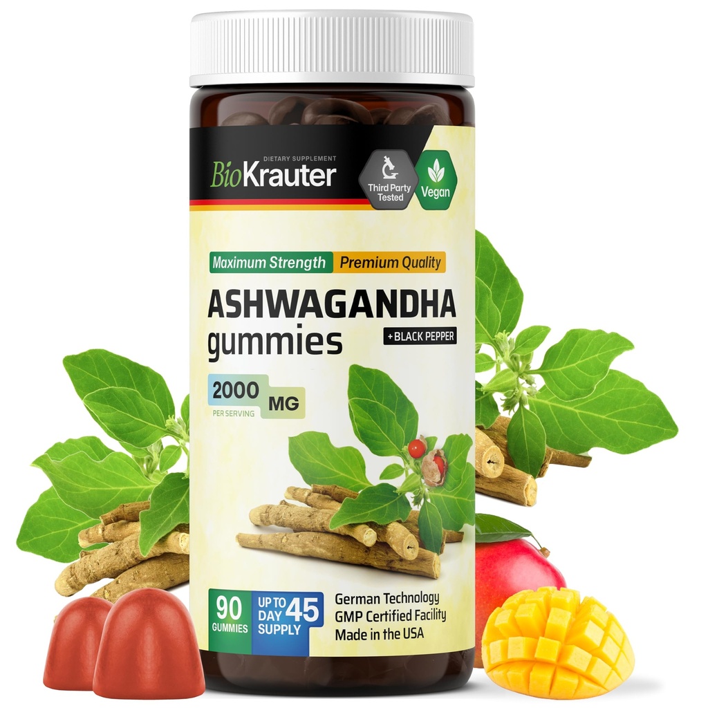 BIO KRAUTER Ashwagandha Gummies for Women & Men - 2000 mg kracht - 90 Kauwen voor Mood Ondersteuning - Kauwbare Ashwagandha Supplementen - Vegan - Mango smaak